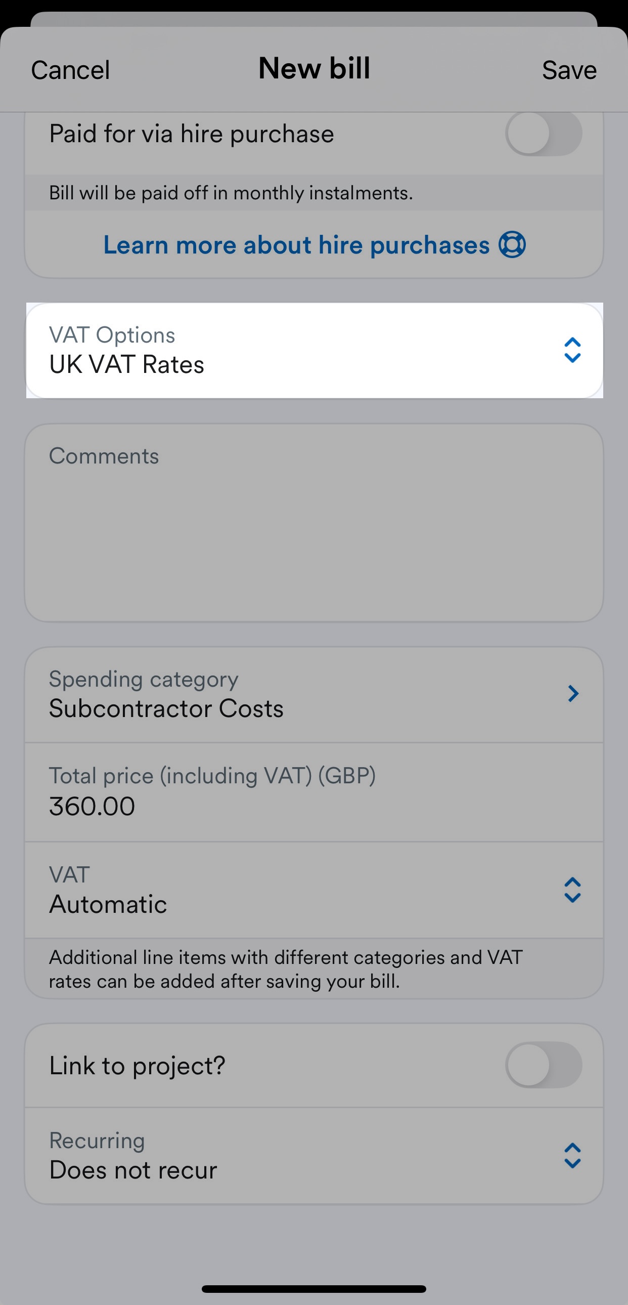 'VAT Options' field highlighted above 'Comments' field on New bill page.