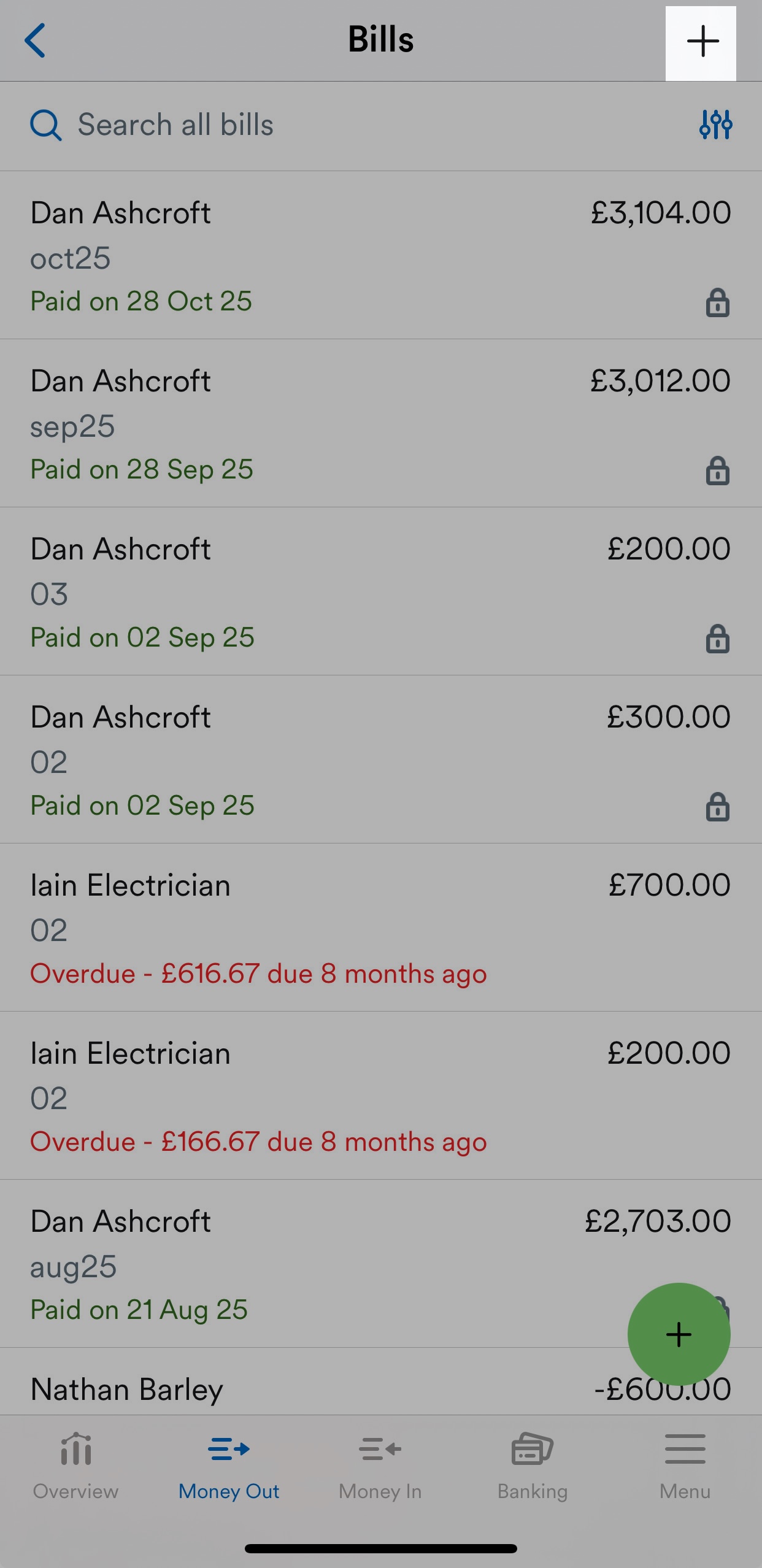 '+' button highlighted at top of 'Bills' page on iOS device.