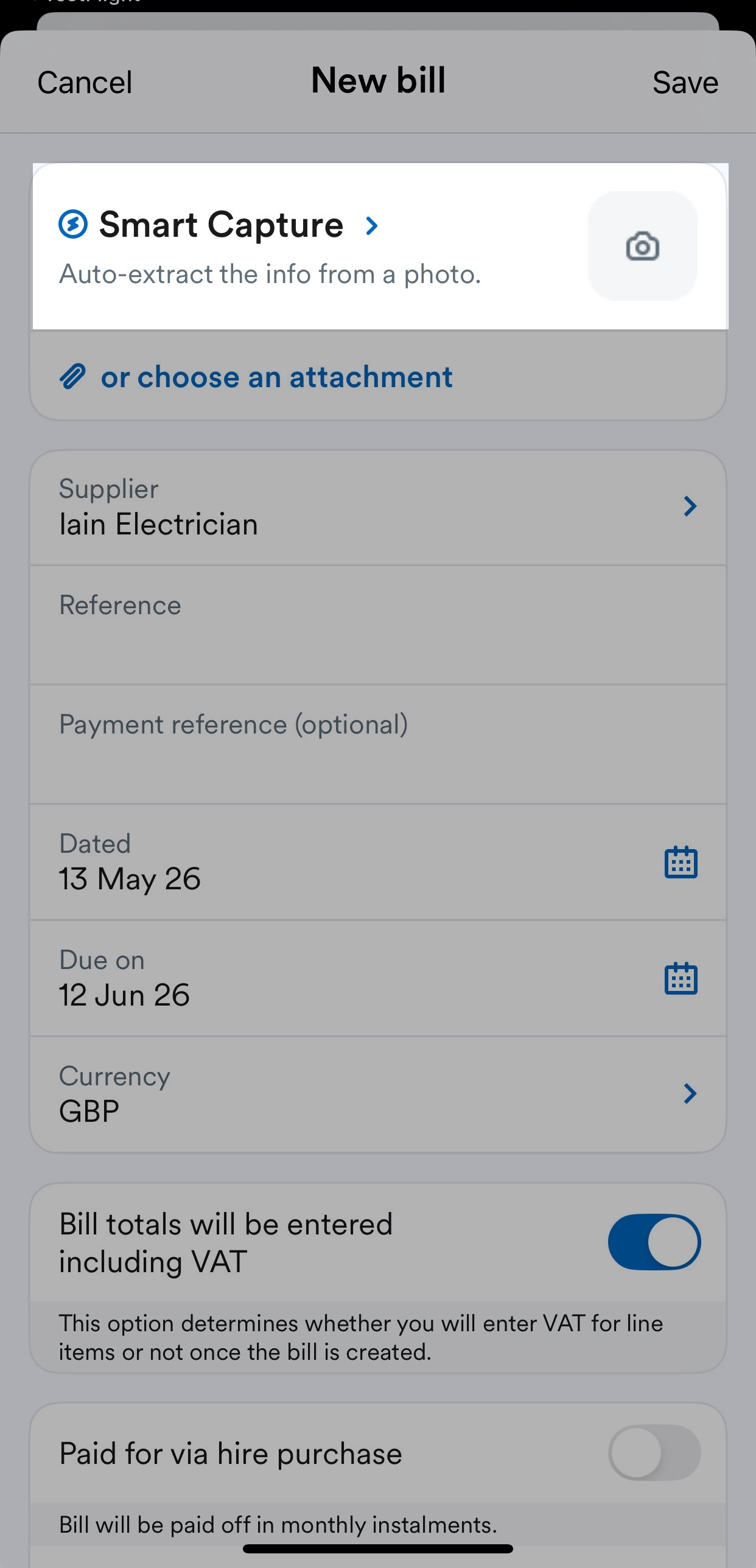 'Smart Capture' highlighted at top of 'New bill' page.