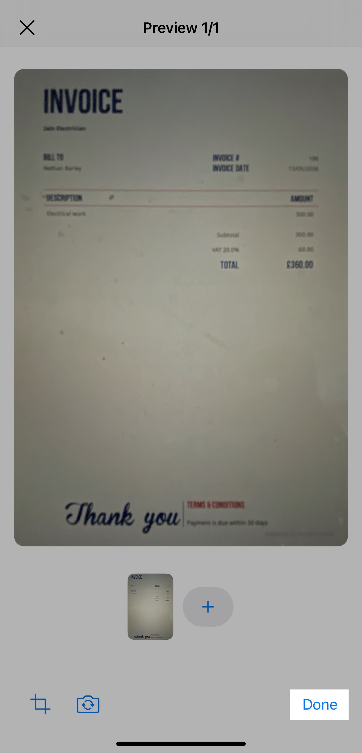 Receipt captured using Smart Capture showing in a 'Preview' screen.