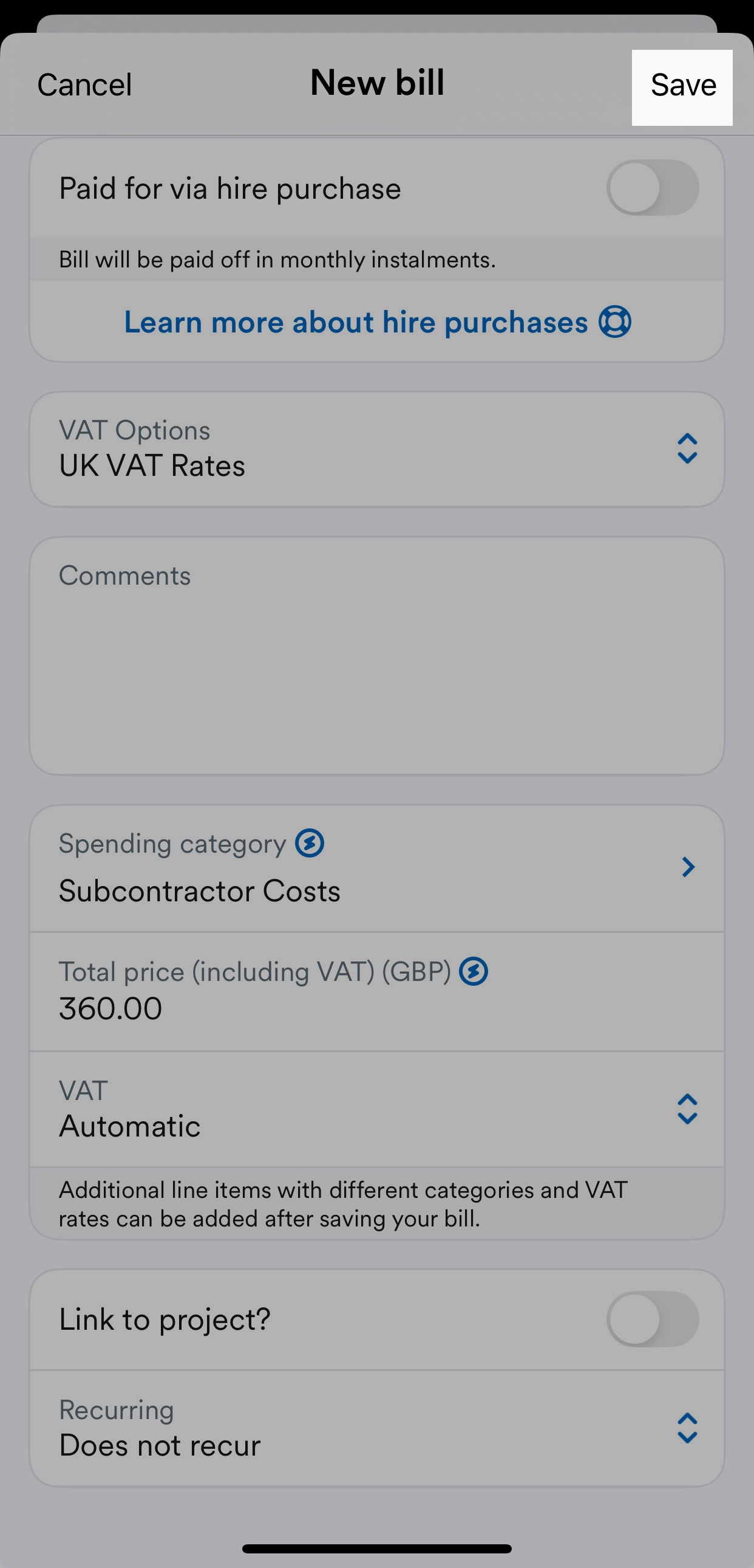 'Save' button highlighted at top of 'New bill' screen.