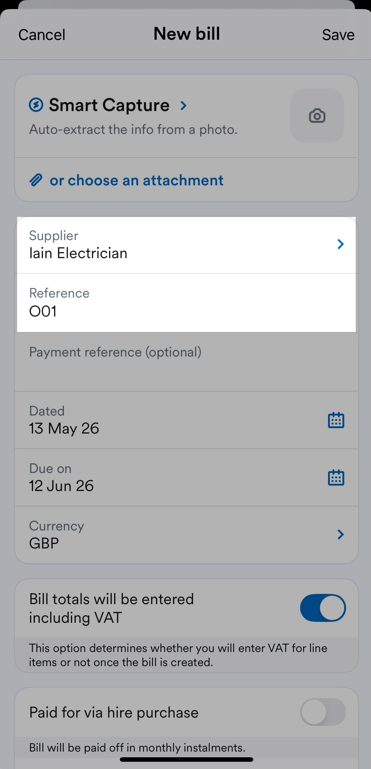 'Supplier' and 'Reference' fields highlighted under attachment section of New bill screen.