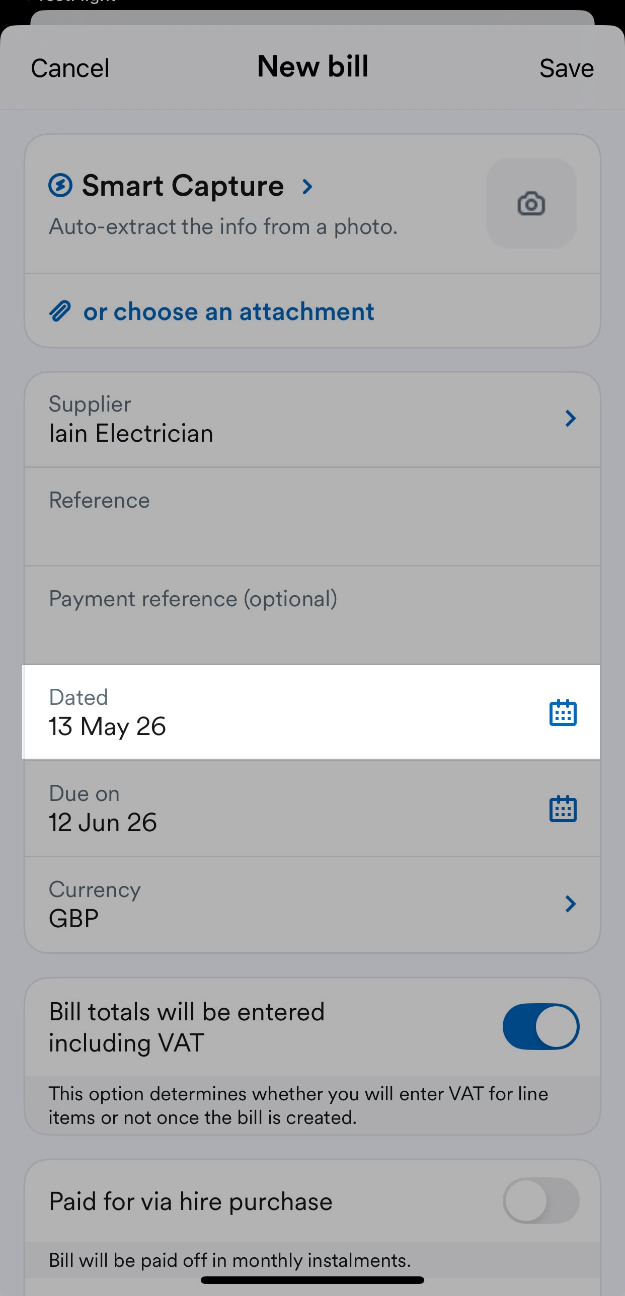 'Dated' bill date field highlighted underneath 'Supplier' and 'Reference' fields on New bill page.