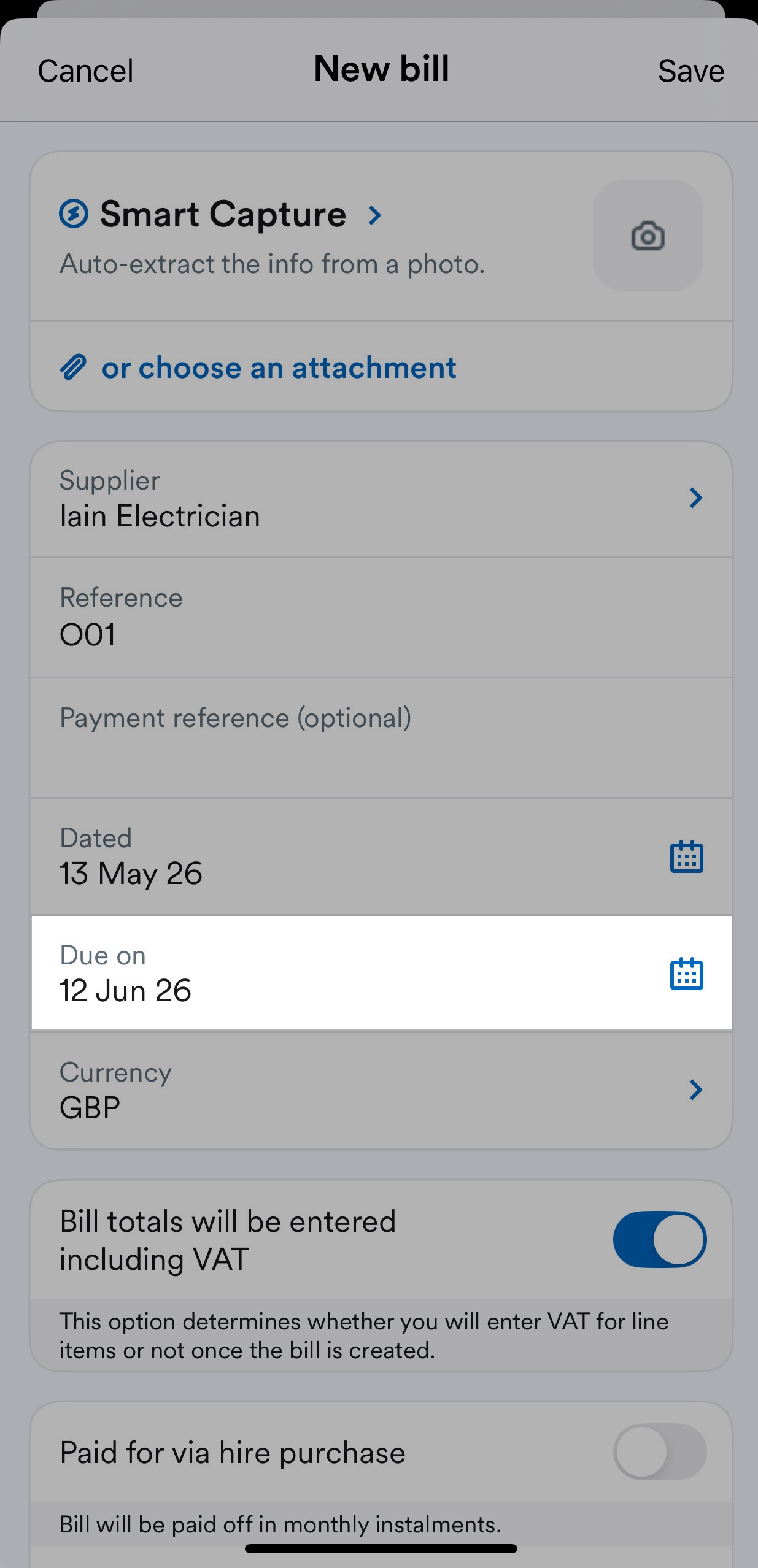 'Due on' due date field highlighted under 'Dated' bill date field on New bill screen.