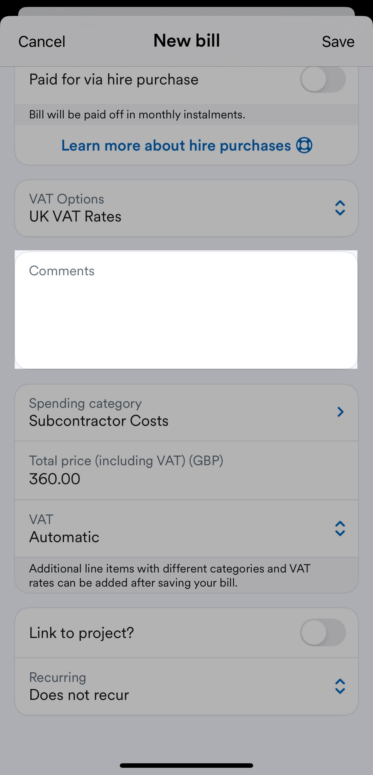 'Comments' field highlighted under 'VAT Options' field on New bill screen.