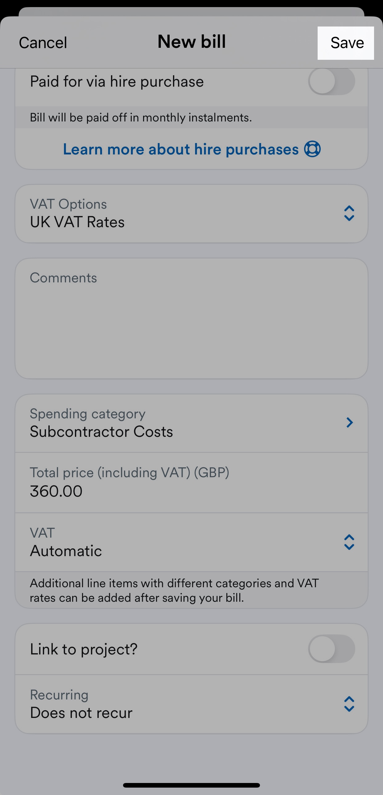 'Save' button highlighted at top of 'New bill' screen.