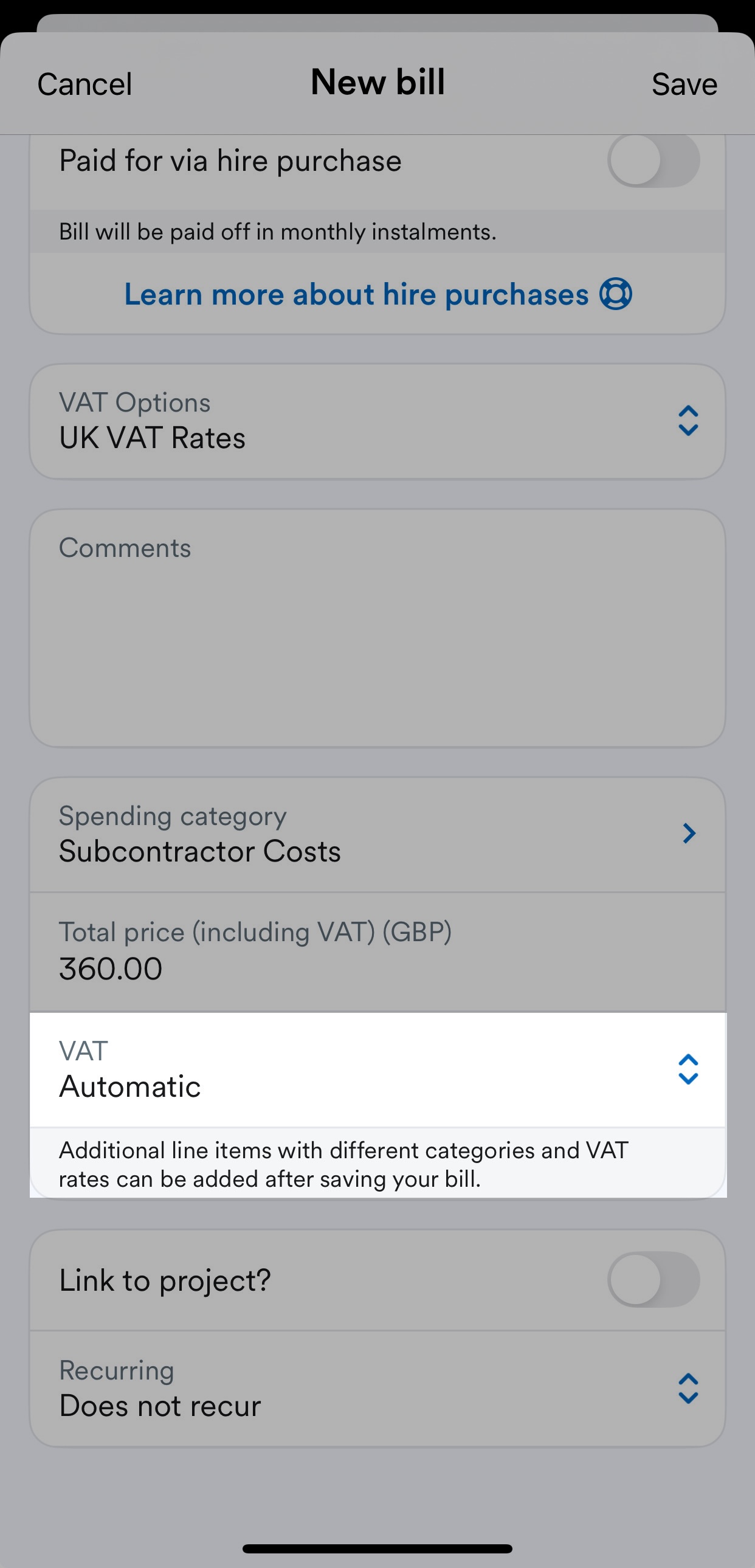 'VAT' VAT rate field highlighted under 'Total price...' field on New bill screen.