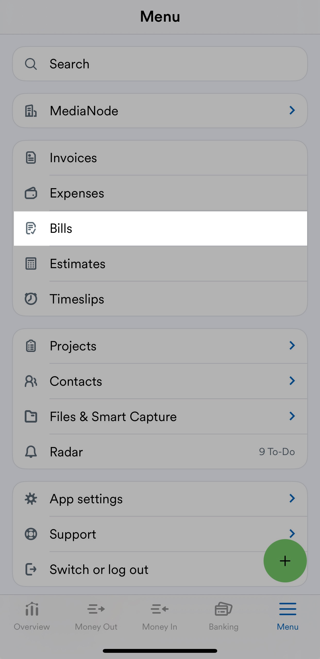 'Bills' highlighted on mobile app navigation menu.