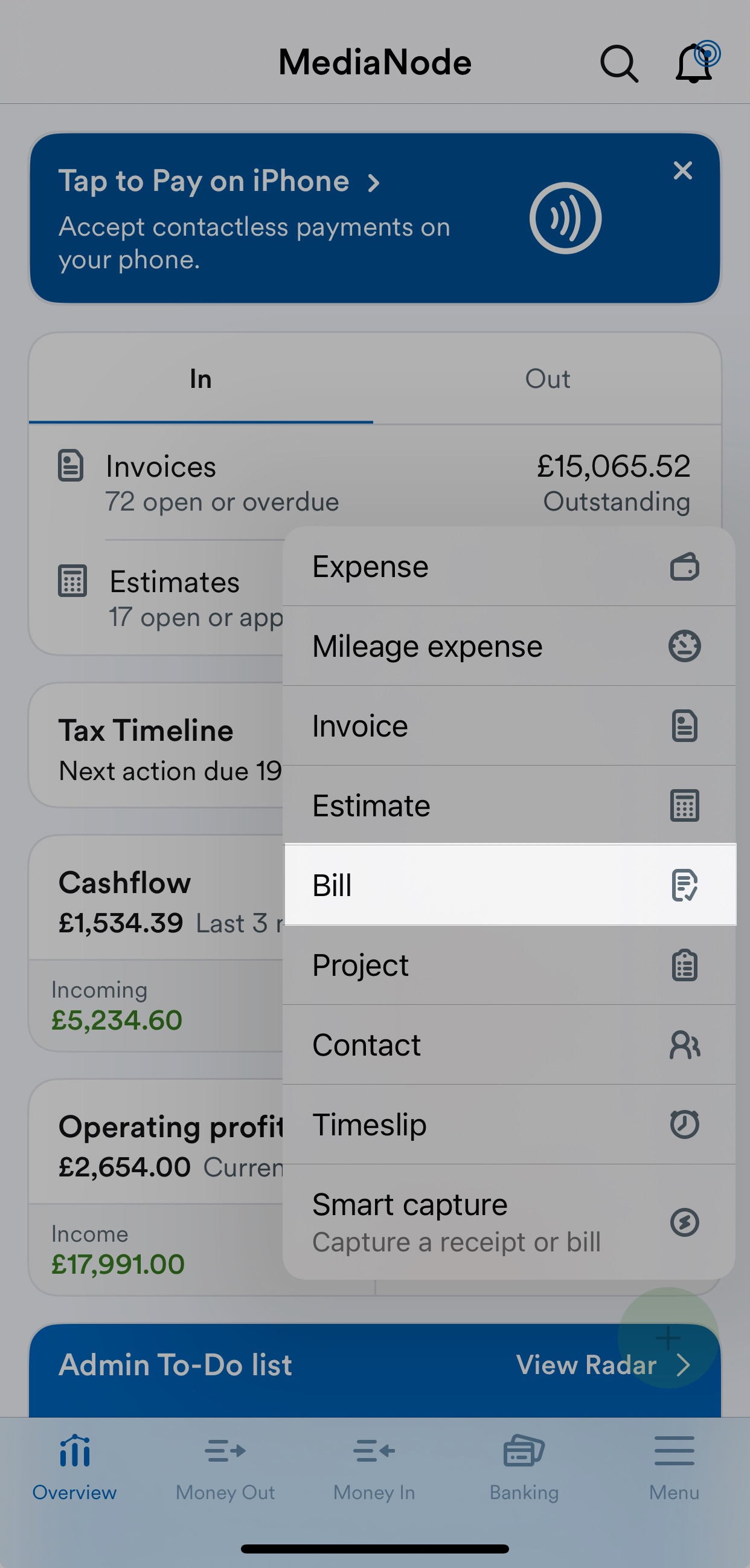 'Bill' highlighted on '+' menu from the overview screen.