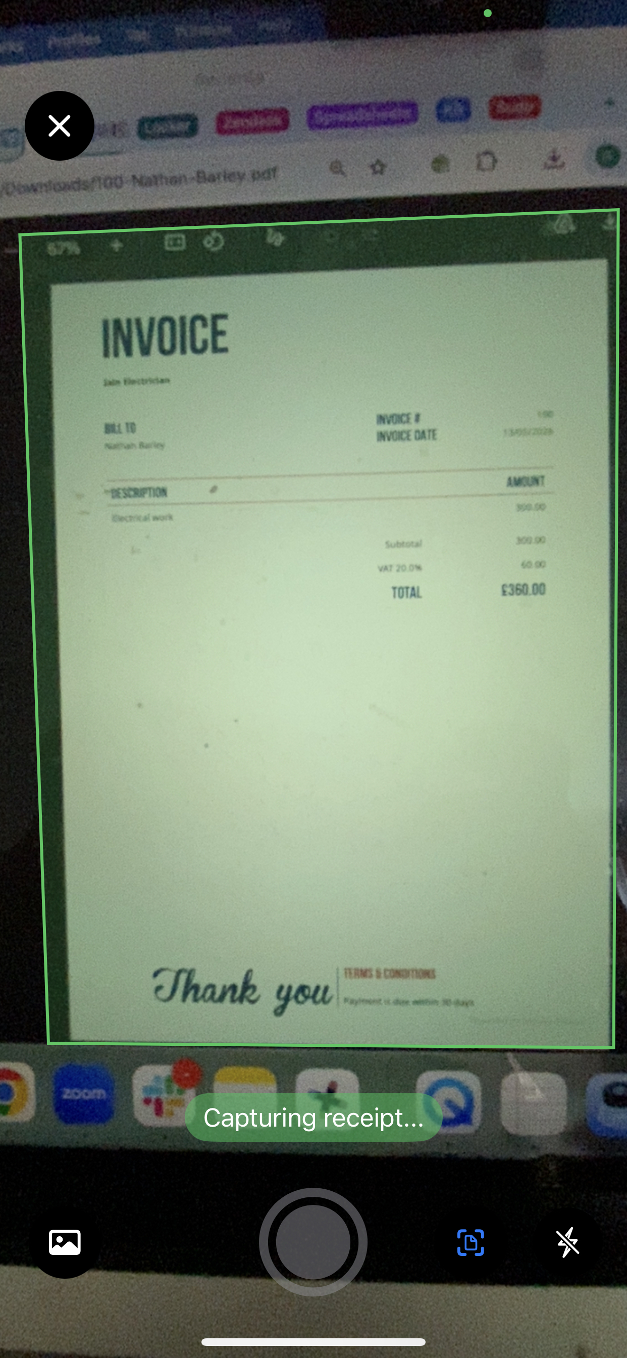 Receipt being captured via Smart Capture camera, with 'Capturing receipt' loading screen.