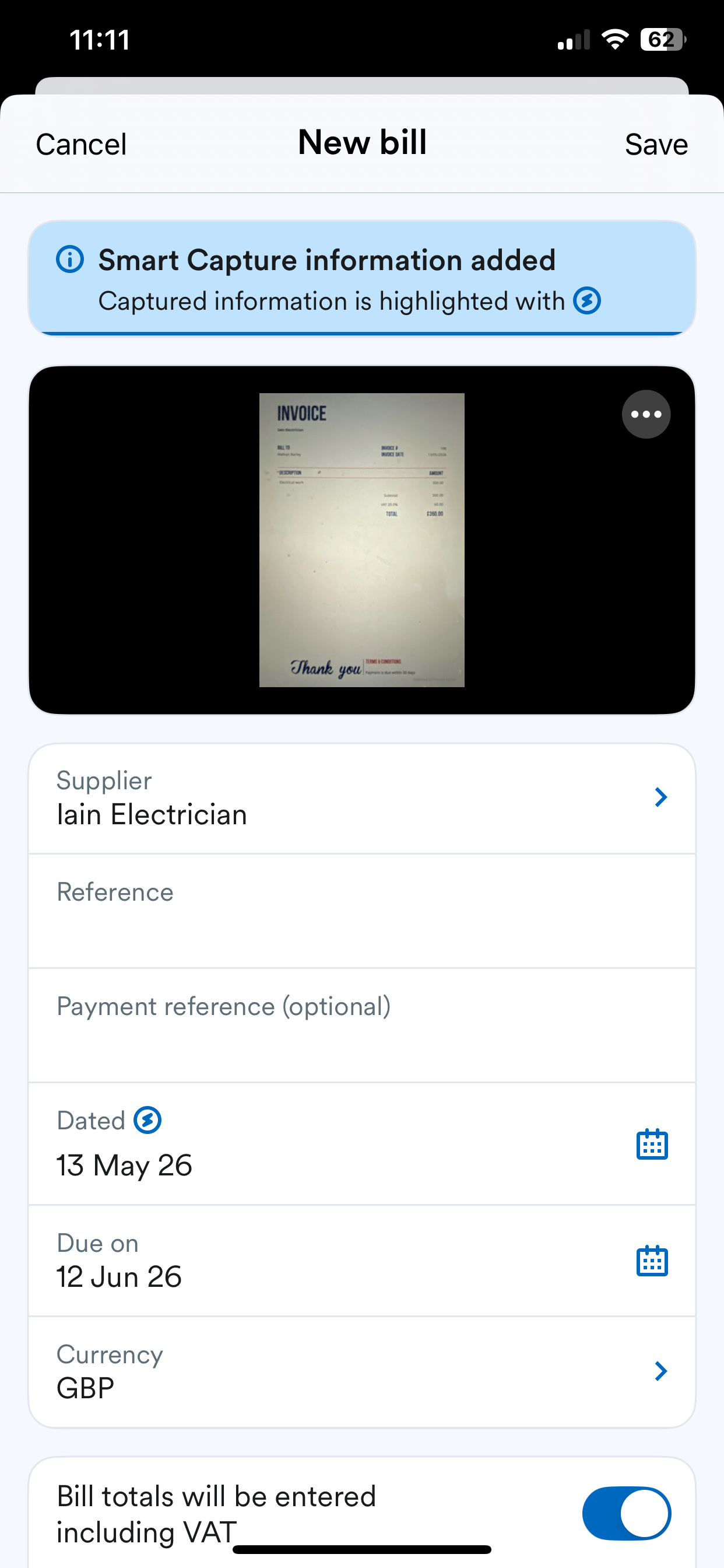 'New bill' page with extracted data, the bill date, showing a lightning bolt symbol indicating Smart Capture extraction.