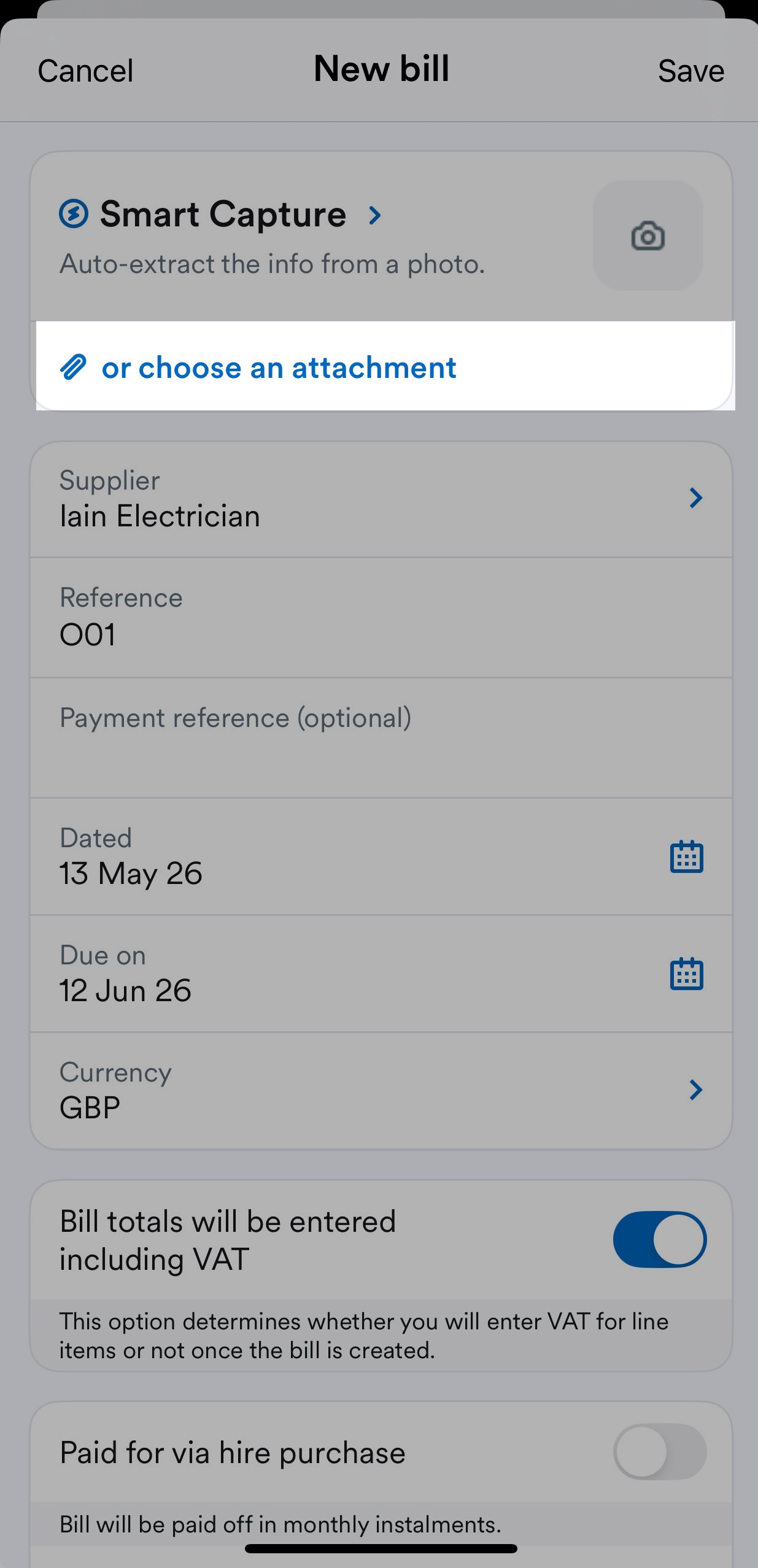 'or choose an attachment' button highlighted underneath Smart Capture option on New bill screen.