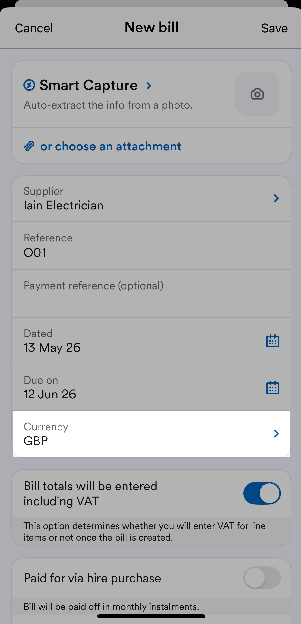 'Currency' field highlighted underneath 'Due on' due date field on New bill screen.