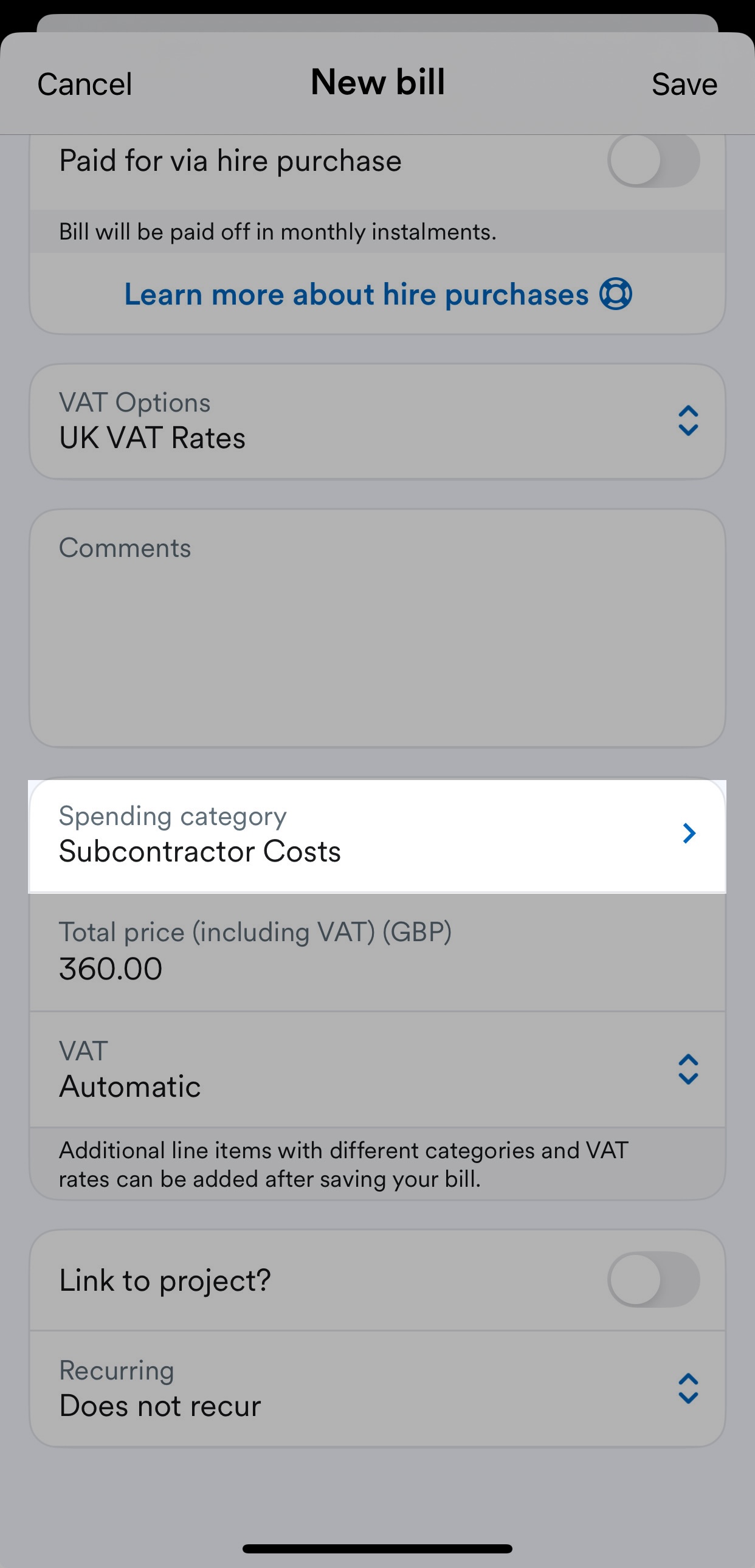 'Spending category' field highlighted under 'Comments' field on New bill screen.
