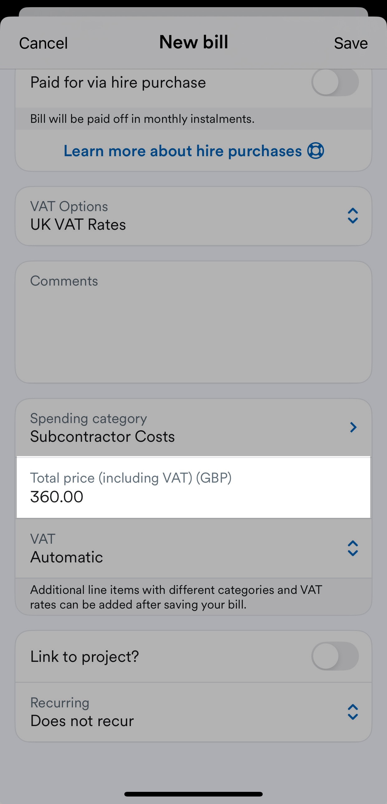 'Total price...' field highlighted underneath 'Spending category' field on New bill page.