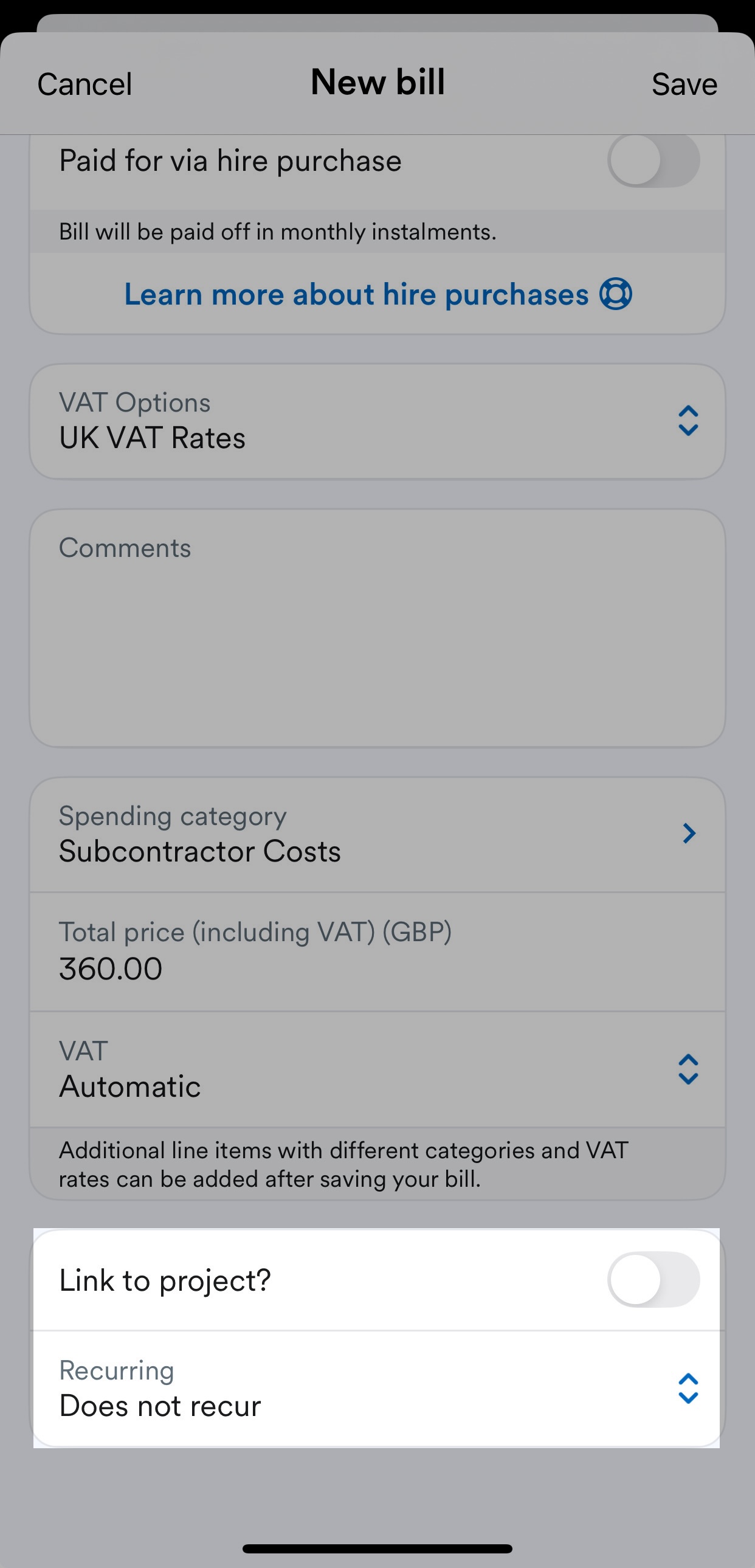 Toggle for 'Link to project?' and drop down menu with options for 'Recurring' field highlighted on New bill page.