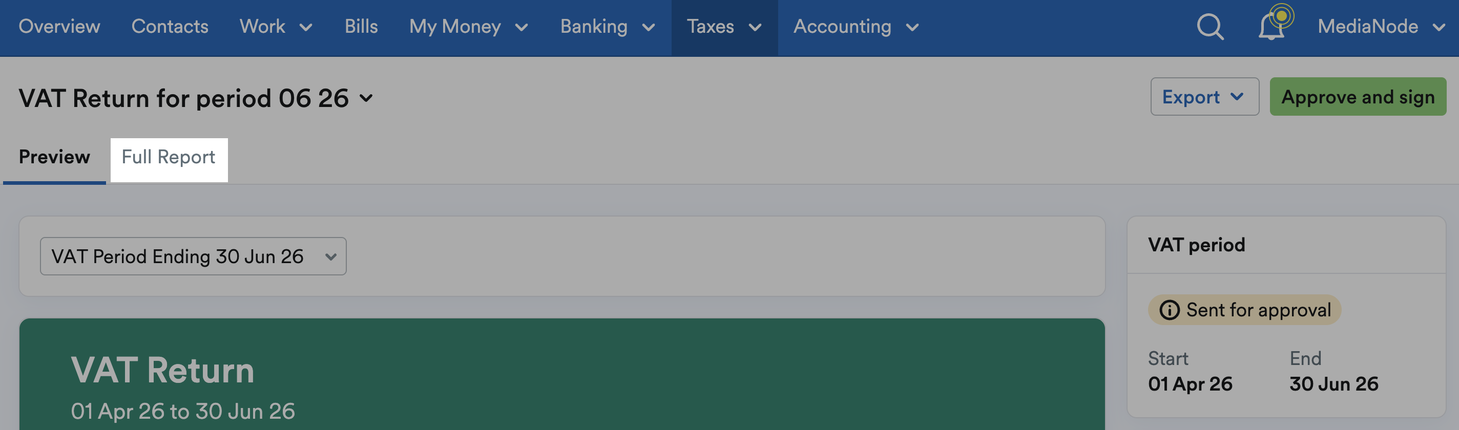 'Full Report' tab highlighted above VAT return.