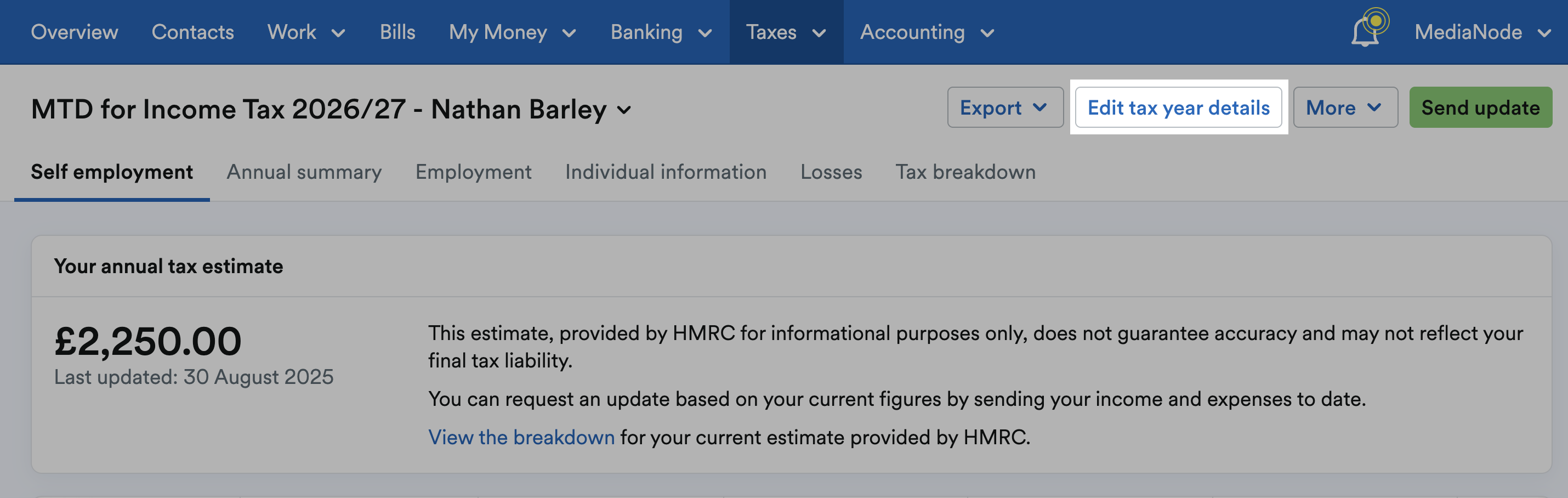 'Edit tax year details' button highlighted at top-right of Self Employment page.