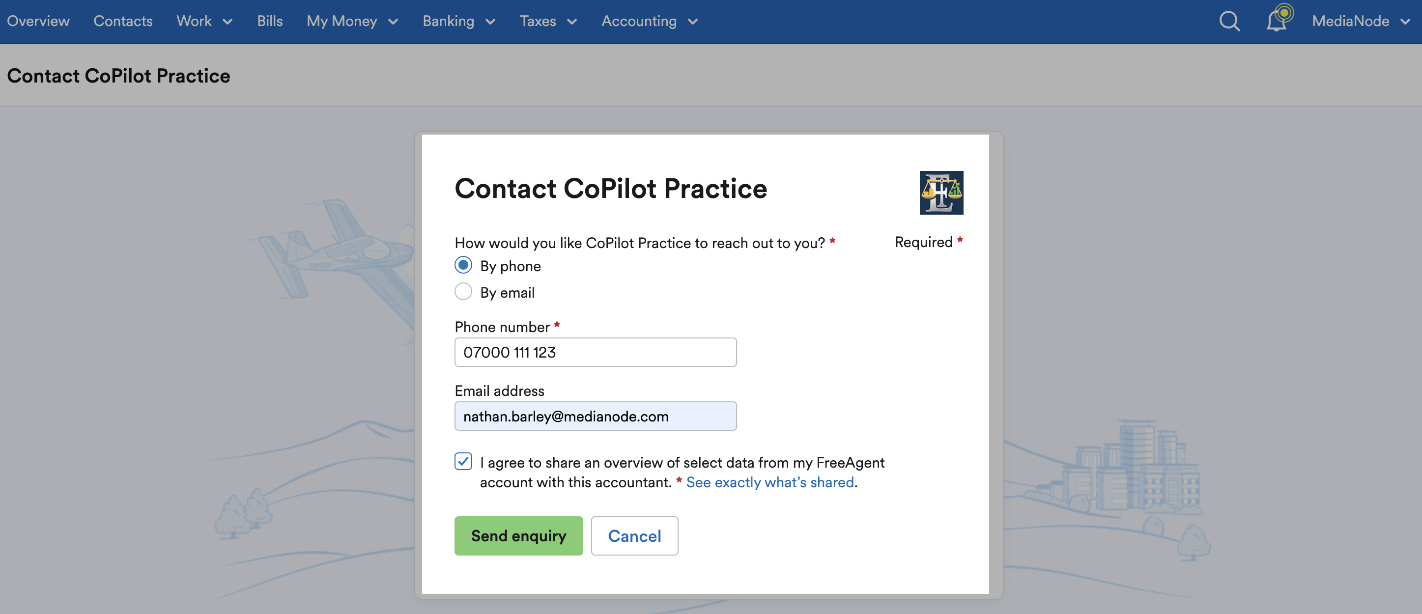 Example of an enquiry being completed 