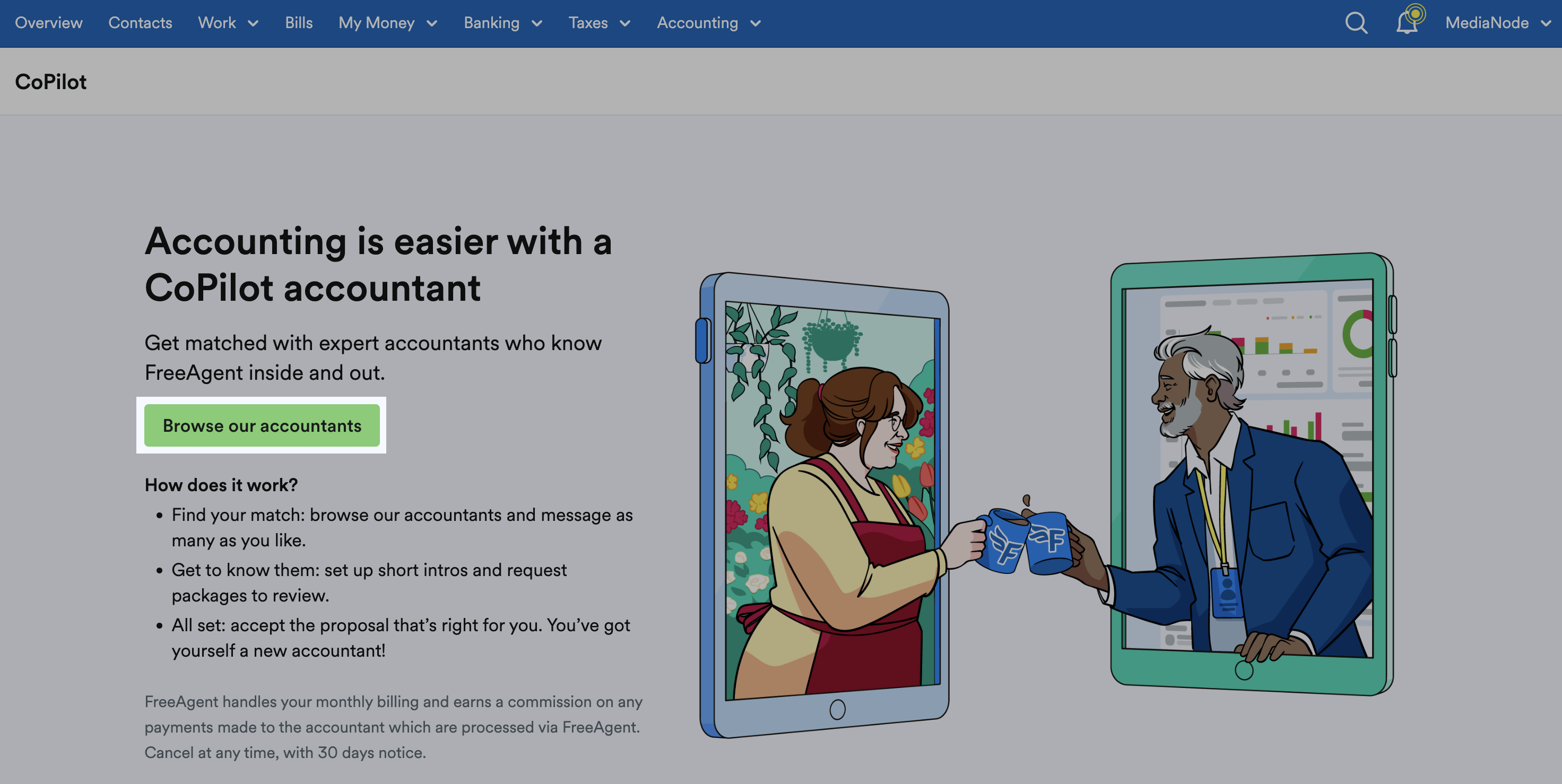 CoPilot screen with 'Browse our accountants' button highlighted