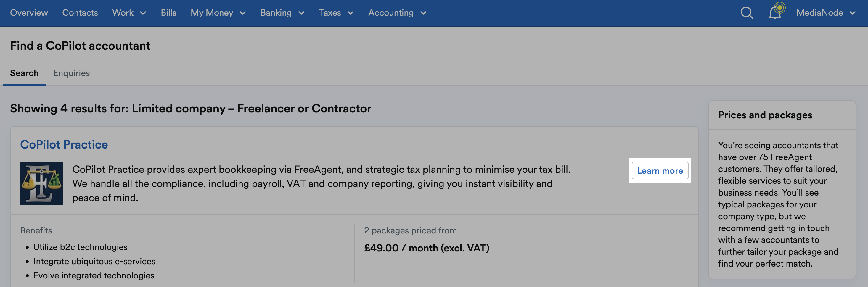 'Learn more' button highlighted for a CoPilot accountant