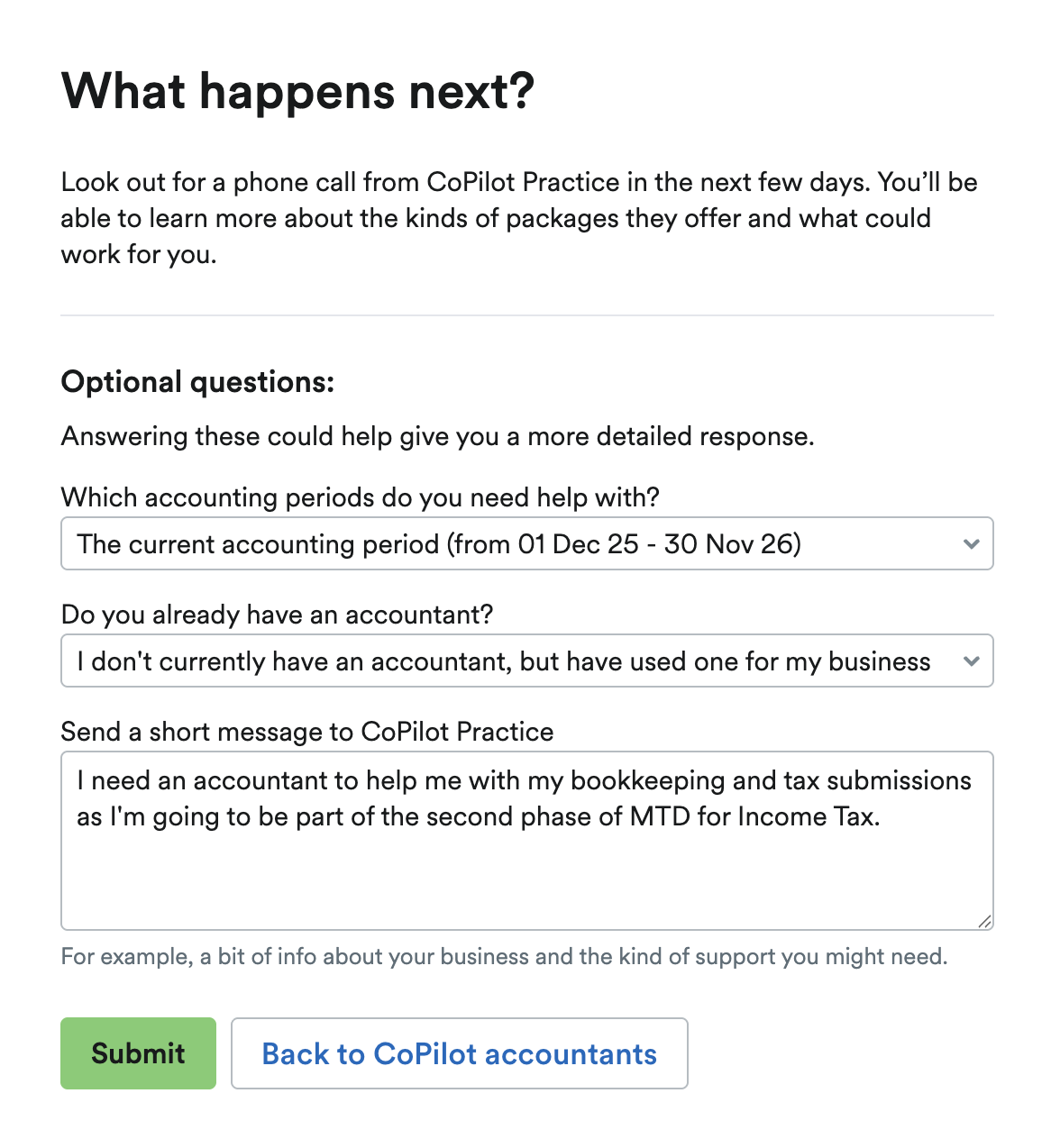 Optional questions to answer for the accountant and a field to enter a short message to them.