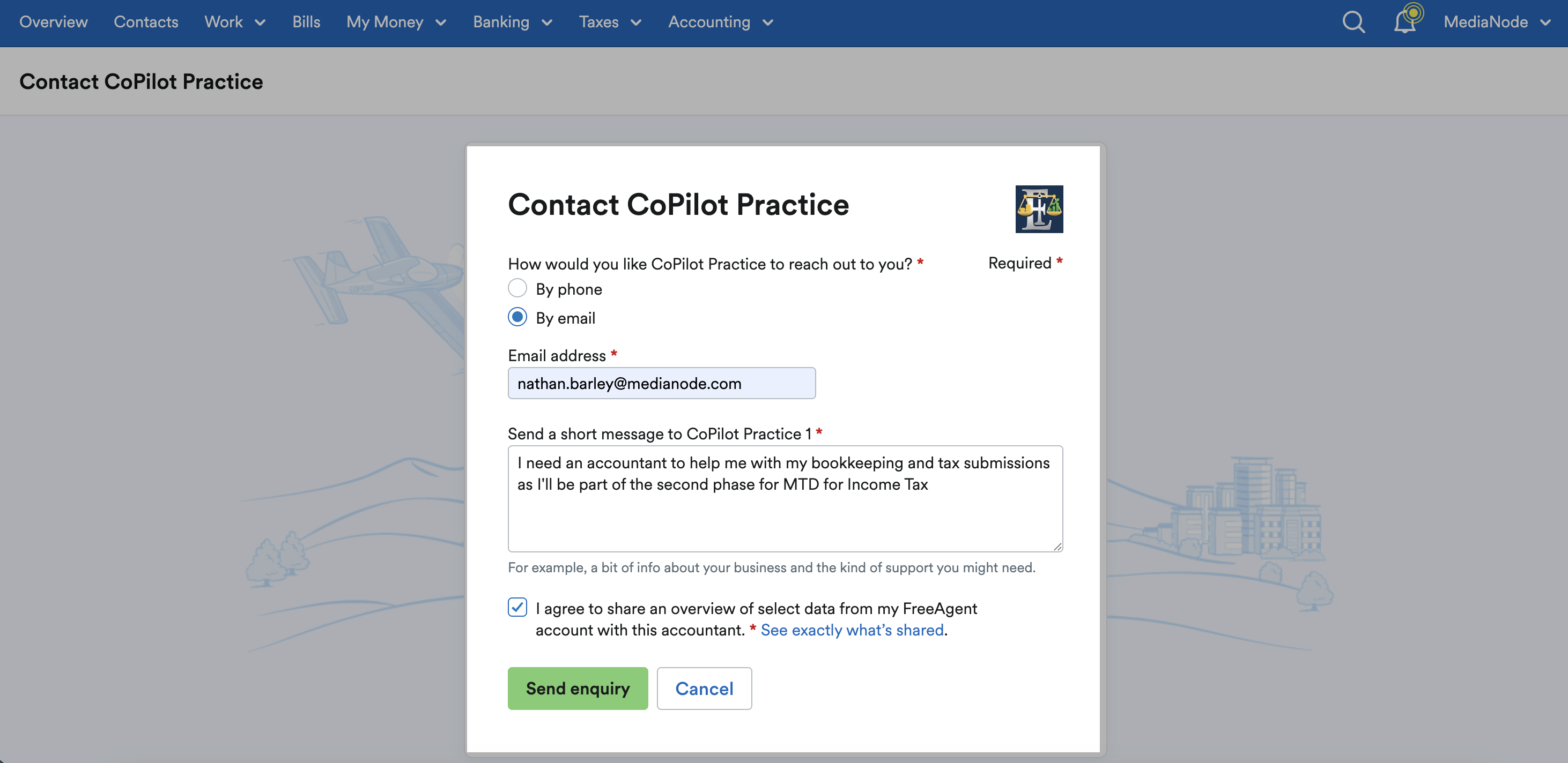 'By email' selected, with option to input a short message to the accountant and a tickbox to agree to share information with the accountant.