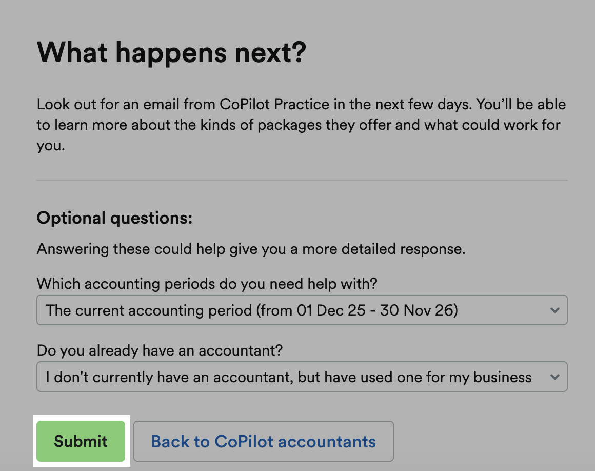 'Submit' button highlighted under optional questions to answer for the accountant.