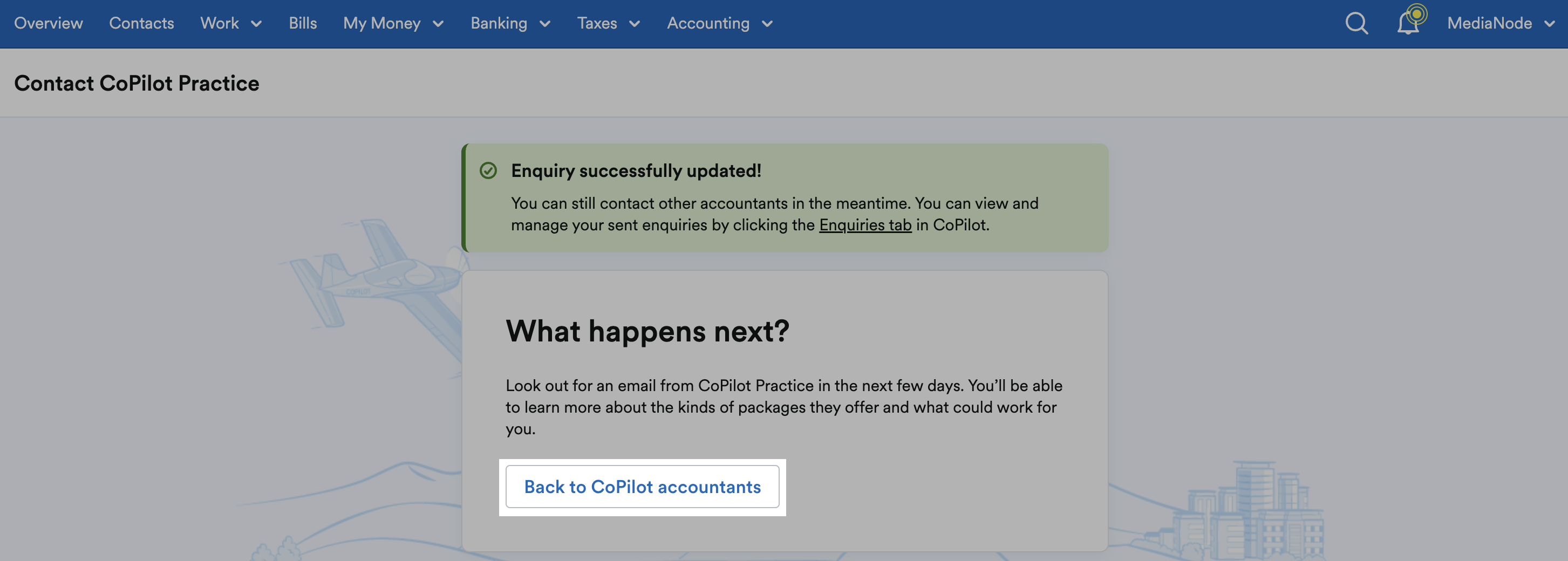 Confirmation of enquiry having been sent and 'Back to CoPilot accountants' button highlighted