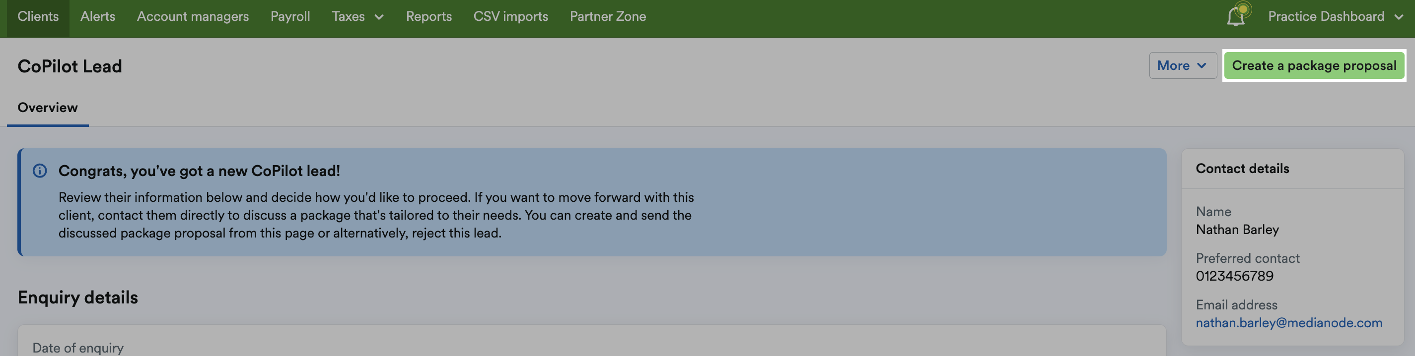 Create a package proposal button highlighted for the prospective client