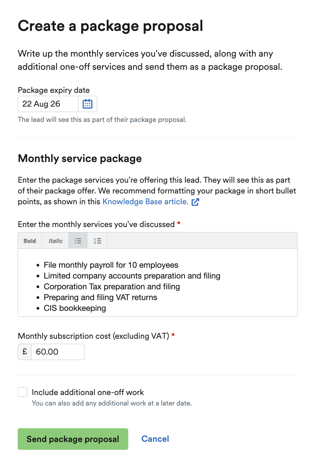 Example of a package proposal