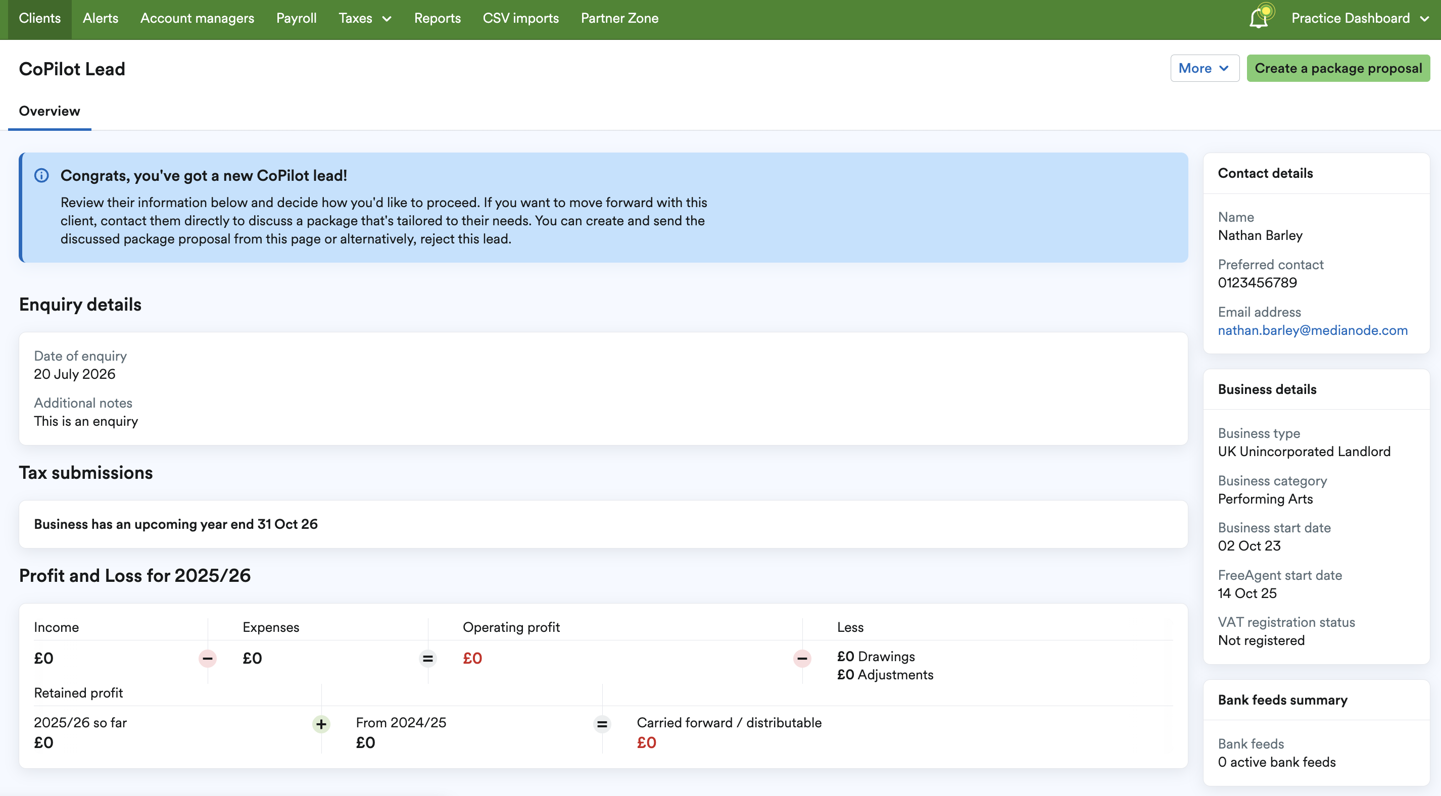 Overview of the prospective client's account and details of the enquiry
