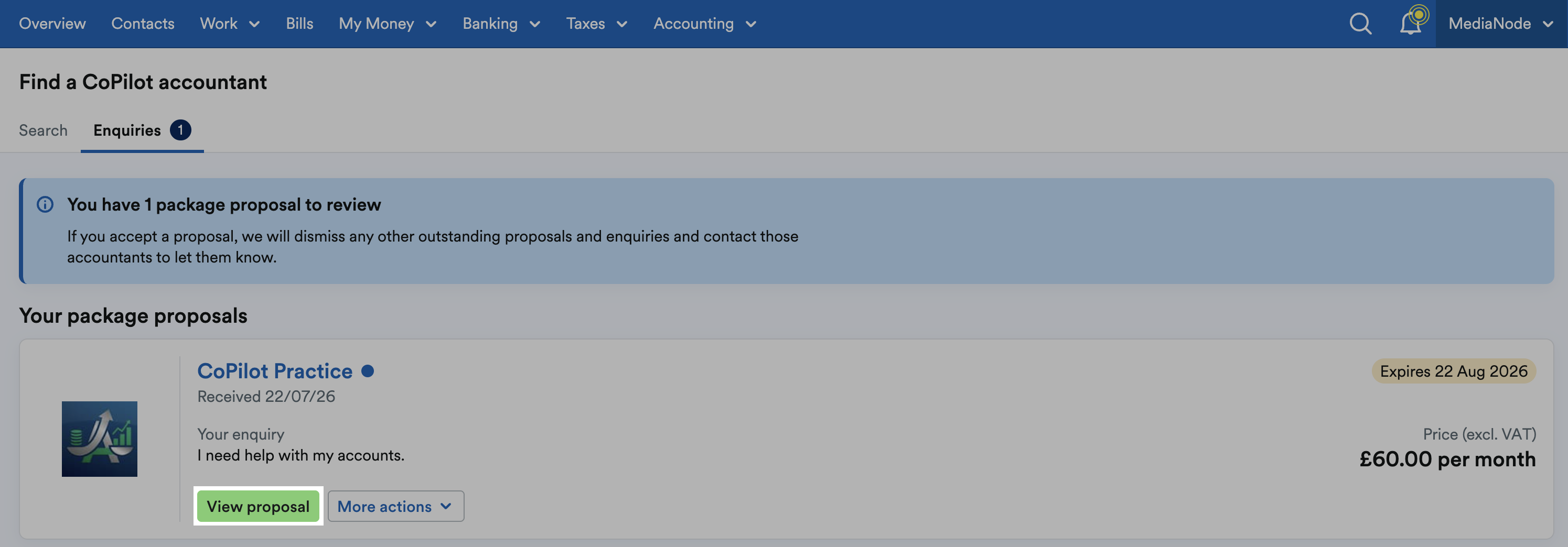 'View proposal' button highlighted for a CoPilot accountant's package proposal