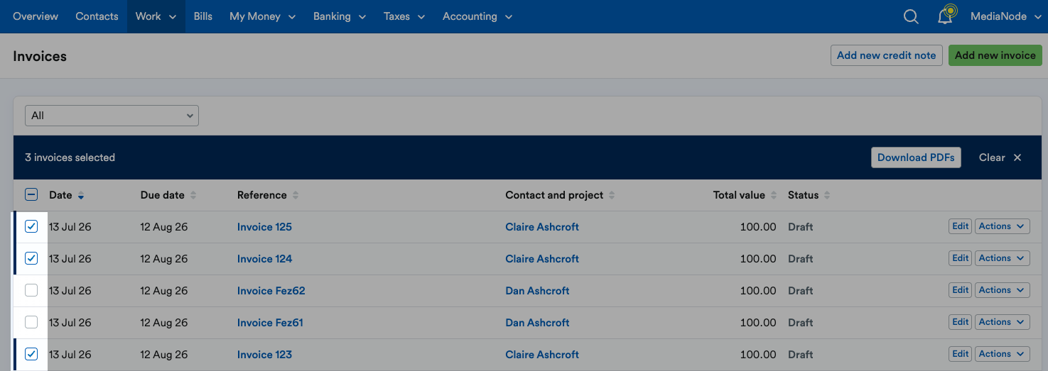 Checkboxes selected next to invoices.