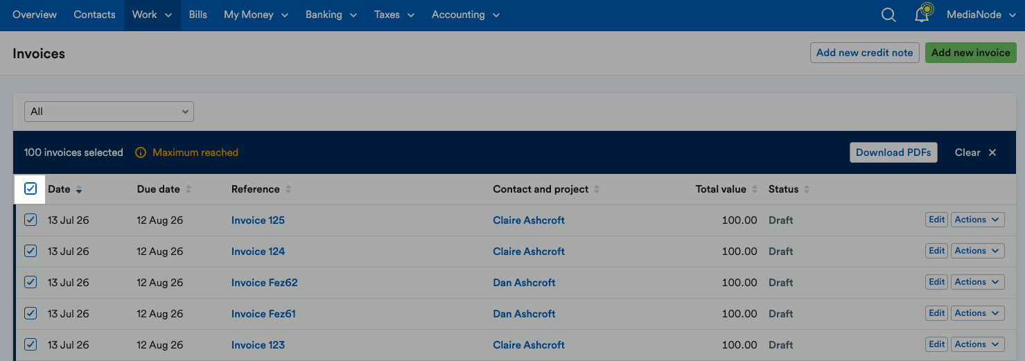 Tickbox next to 'Date' column selected to select all invoices on the page.
