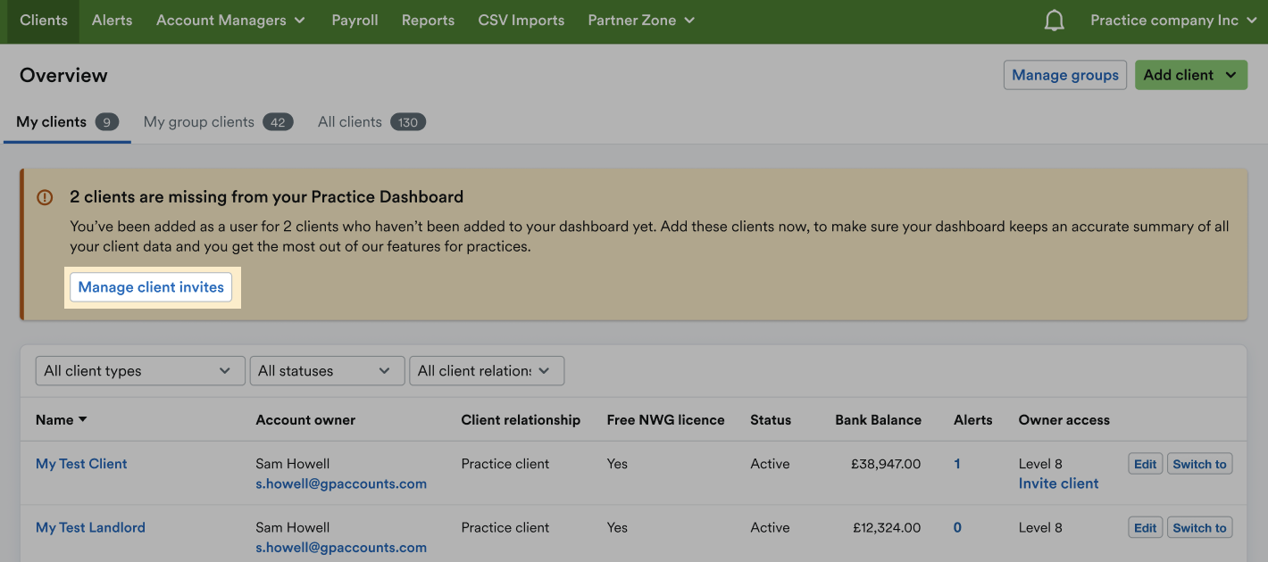 'Manage client invites' button highlighted in notice.