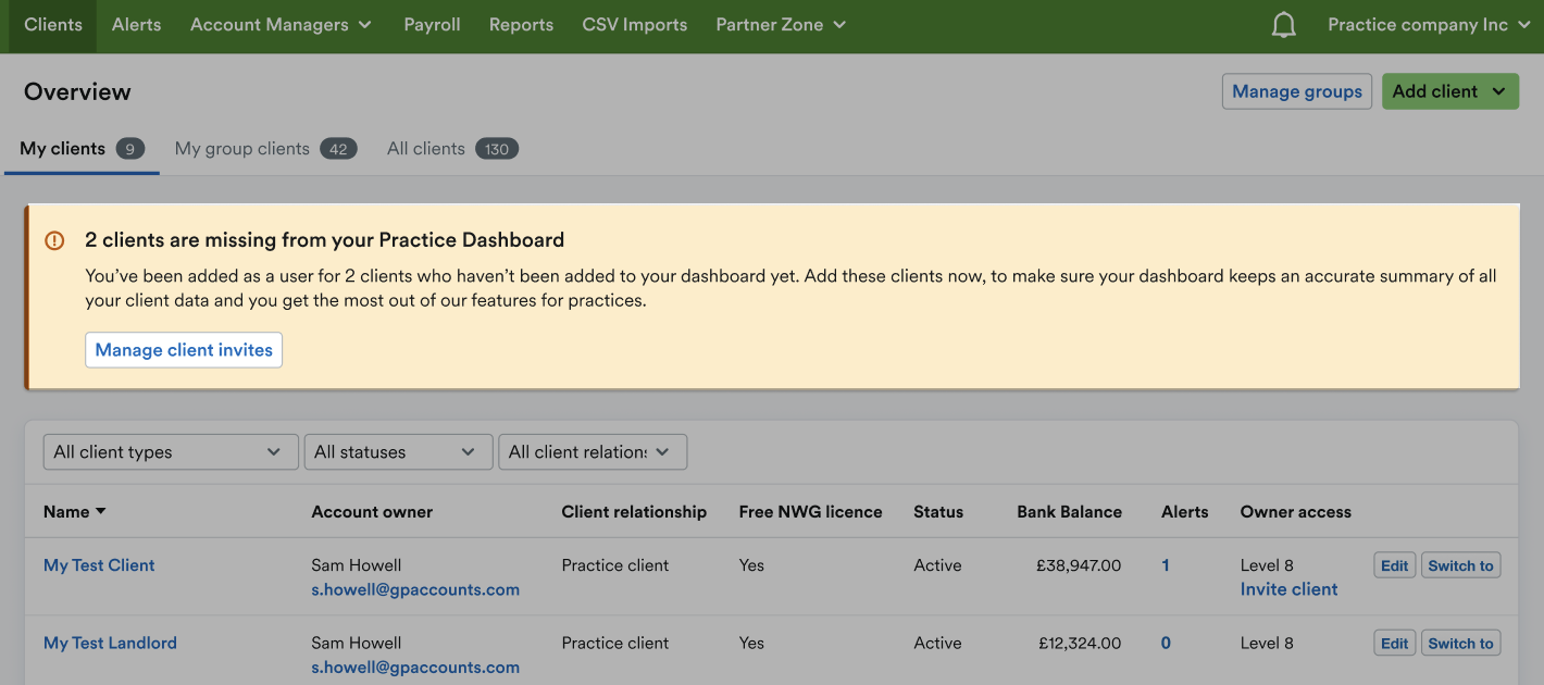 Notification on dashboard saying you have clients that are missing from your Practice Dashboard.
