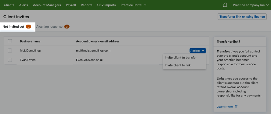 'Not invited yet' tab highlighted in 'Client invites' page.