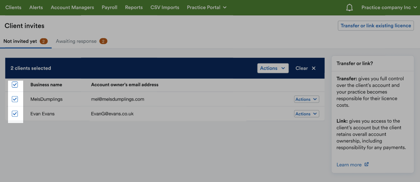 Tickboxes checked next to listed clients in 'Not invited yet' tab.