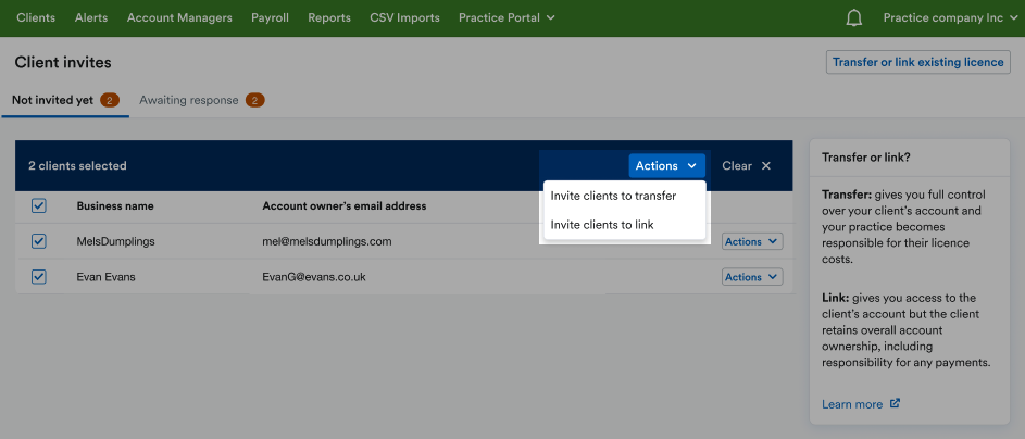 Options to either 'Invite clients to transfer' or 'Invite clients to link' in 'Actions' drop down menu.