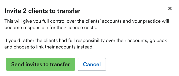 'Send invites to [transfer or link]' button in 'Invite [X number of] client to [transfer or link] window.