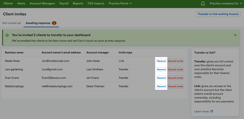 'Resend' button highlighted next to listed client in 'Awaiting response' tab.