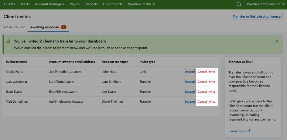 'Cancel invite' button highlighted next to listed client in 'Awaiting response' tab.