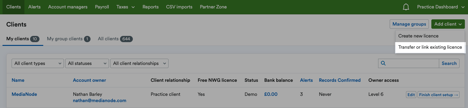 'Transfer or link existing licence' highlighted on 'Add client' drop down menu.
