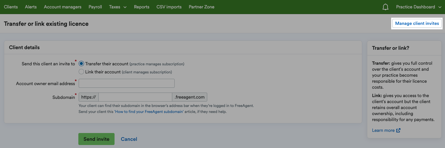 'Manage client invites' button highlighted at top of 'Transfer or link existing licence' page.