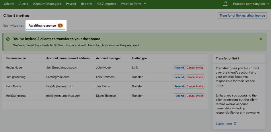 'Awaiting response' tab highlighted in 'Client invites' page.