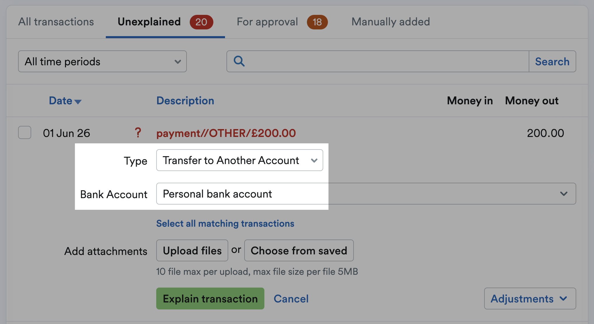 Transfer to another bank account highlighted as the type