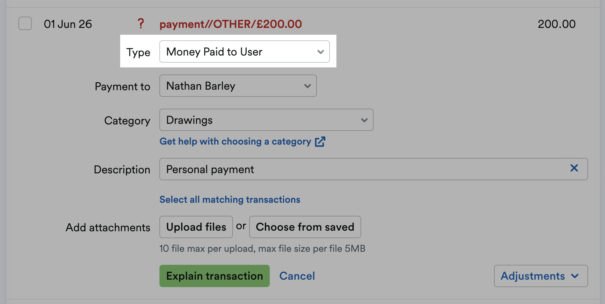 Money paid to user highlighted as the Type