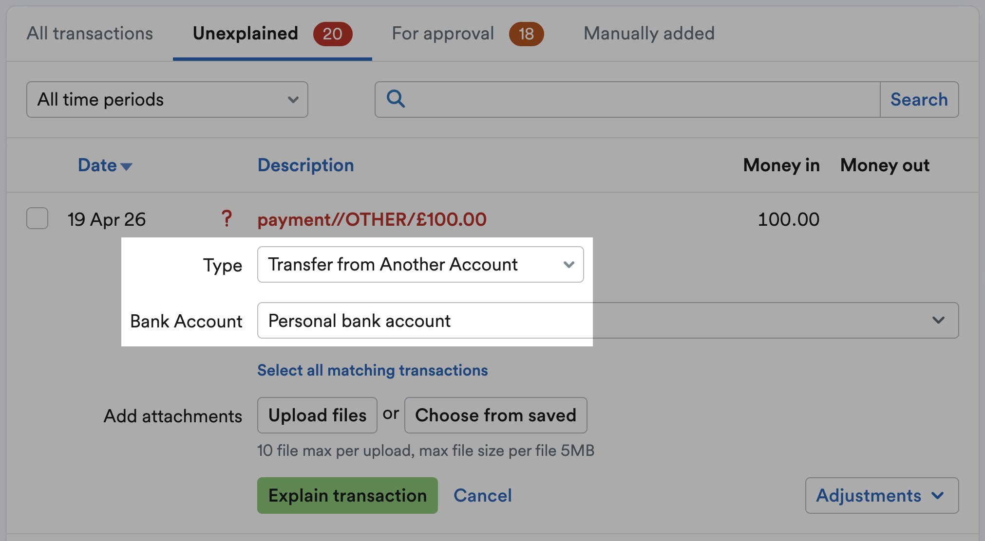 Transfer from another bank account highlighted as the type
