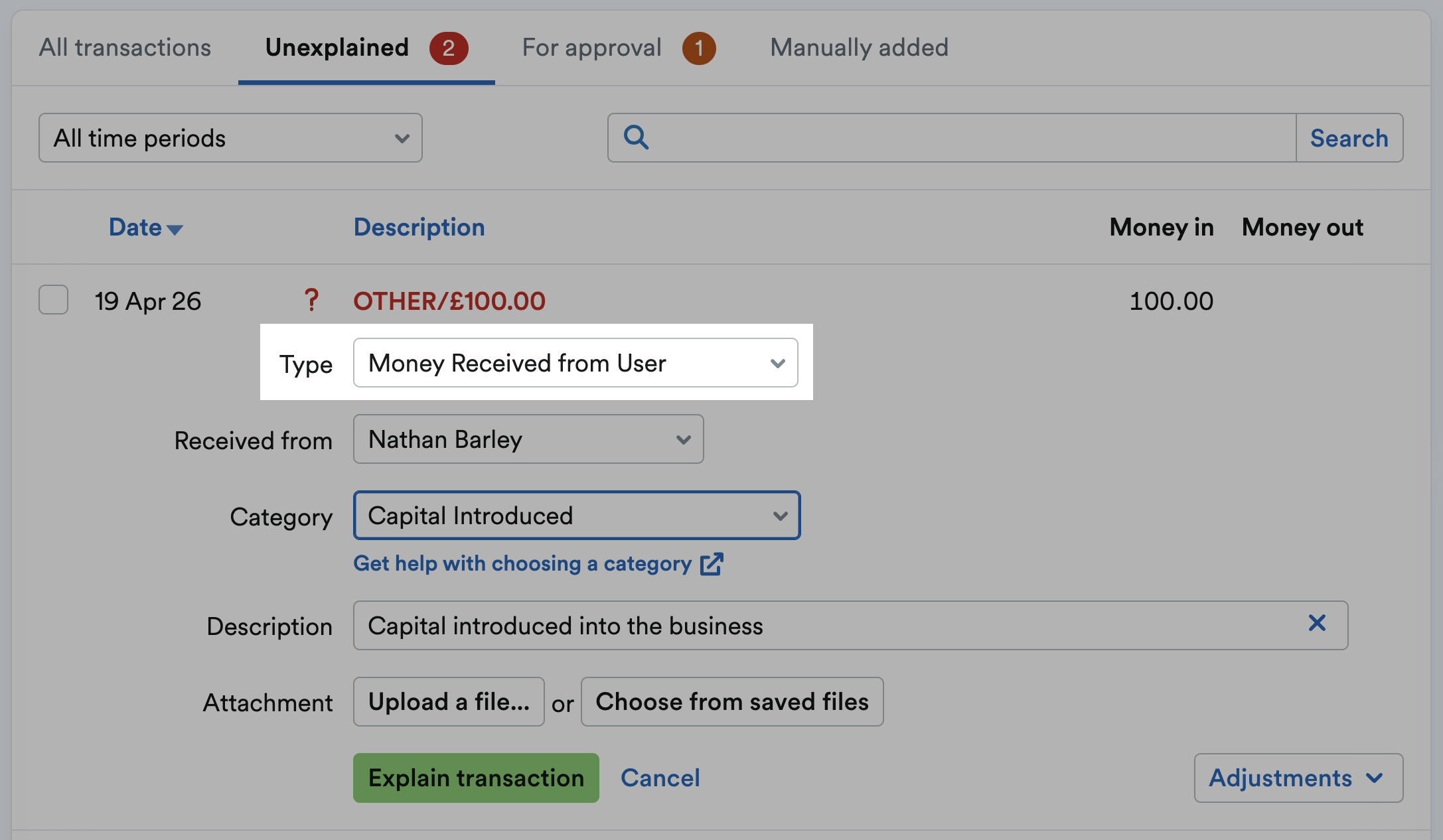 Money received from user highlighted from Type drop-down menu